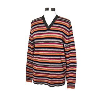 Vintage Express Mens 100% Lambswool V-Neck Sweater Rainbow Striped Size Medium